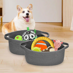 ABenkle storage basket in use for toy organization on shelf.