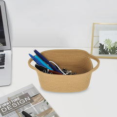 ABenkle towel and small-item organizer basket fits bathroom essentials.