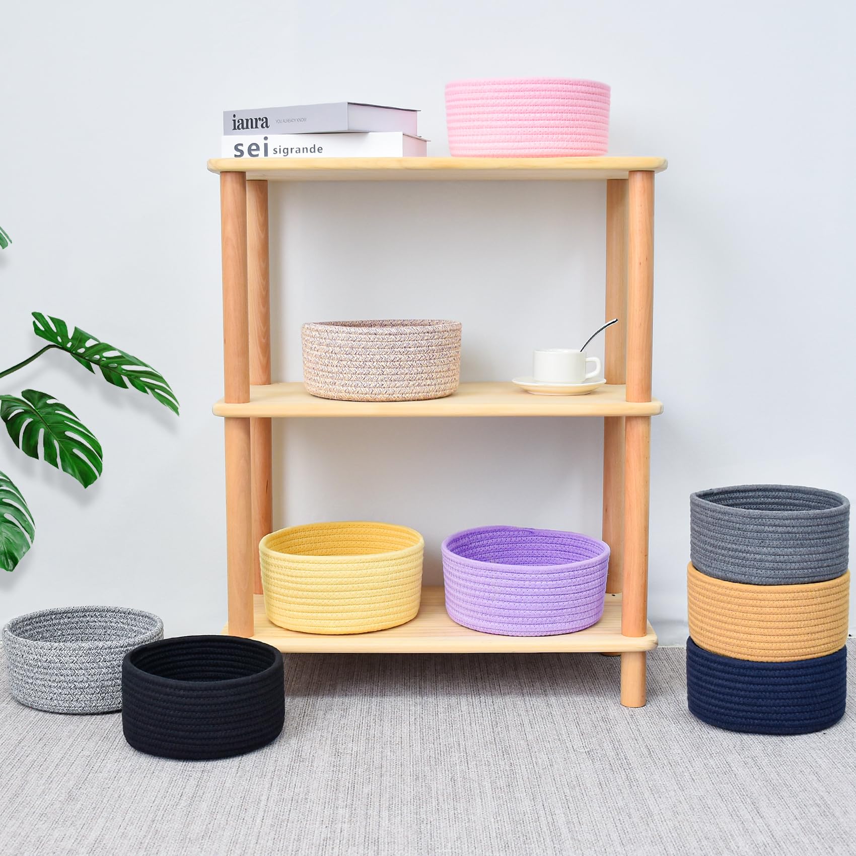 ABenkle woven basket on kitchen counter for cosmetics and cables.