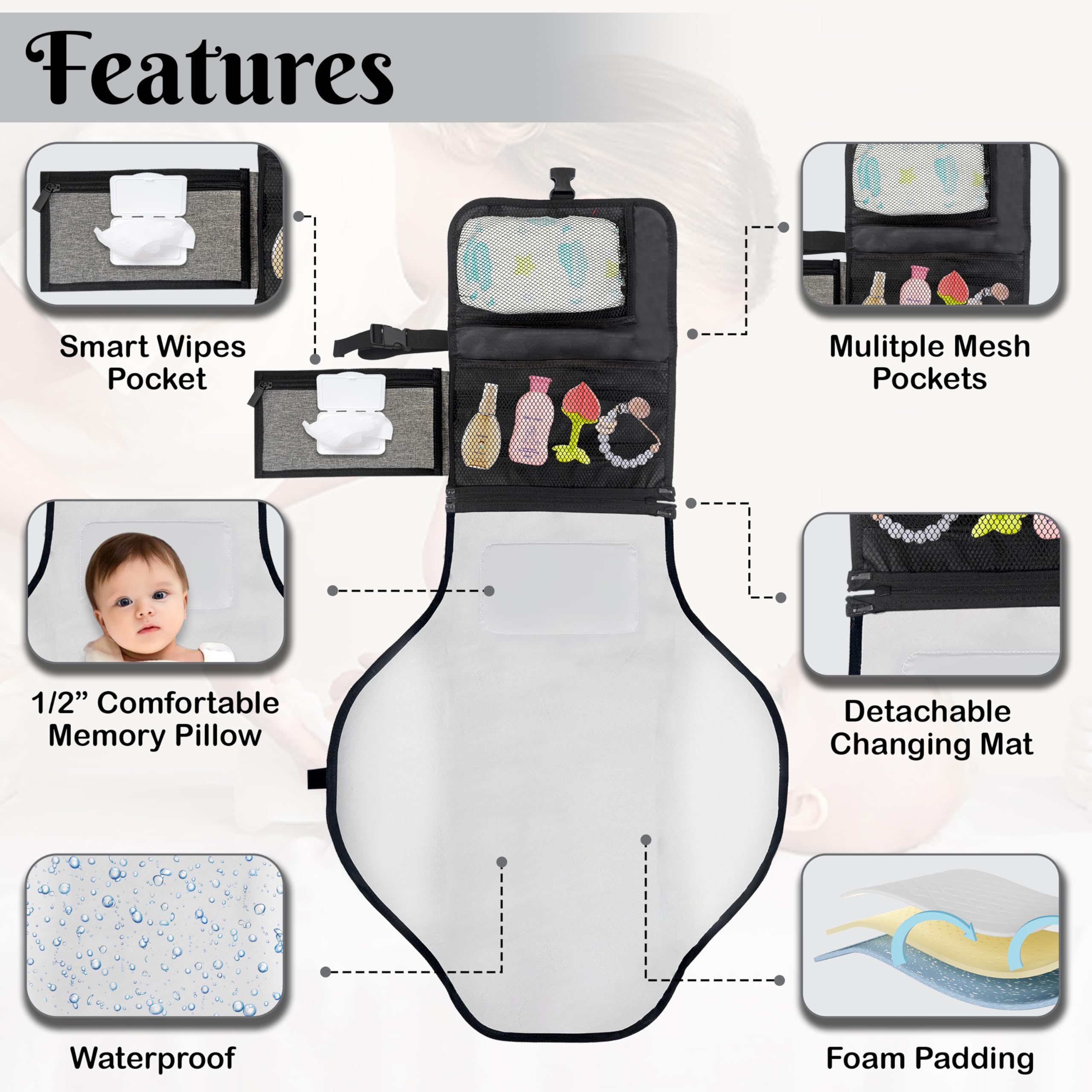 ABI Large Portable Diaper Changing Pad front storage demonstrates organized space for diapers and creams.