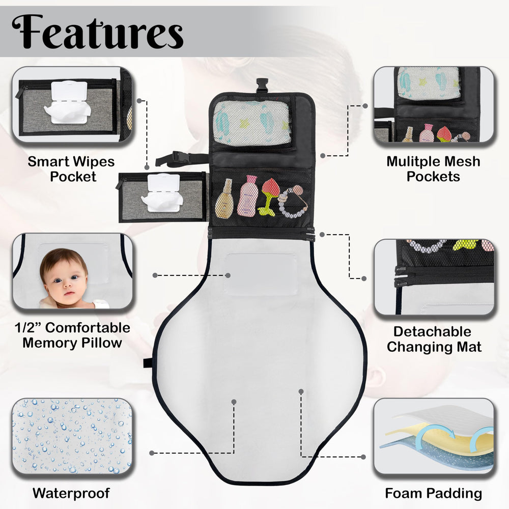 ABI Large Portable Diaper Changing Pad front storage demonstrates organized space for diapers and creams.