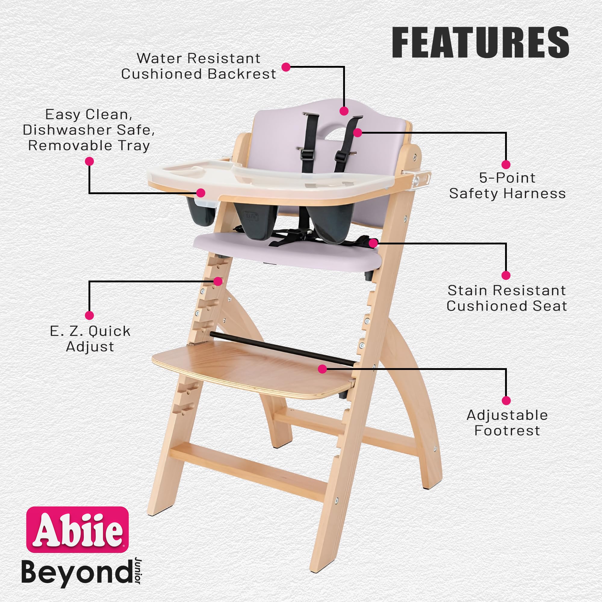 Abiie Beyond Junior chair with 5-point vs 3-point harness for secure seating flexibility