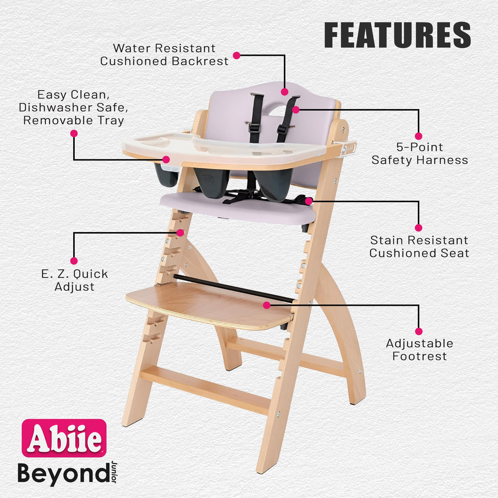 Abiie Beyond Junior chair with 5-point vs 3-point harness for secure seating flexibility