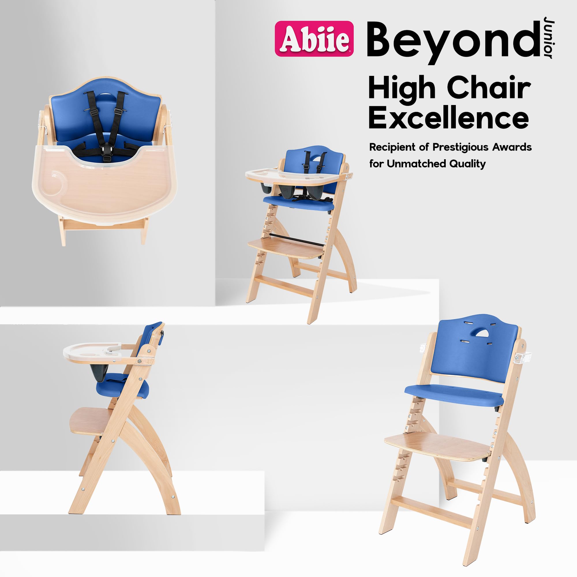 Abiie Beyond Junior wooden high chair's natural finish complements dining spaces