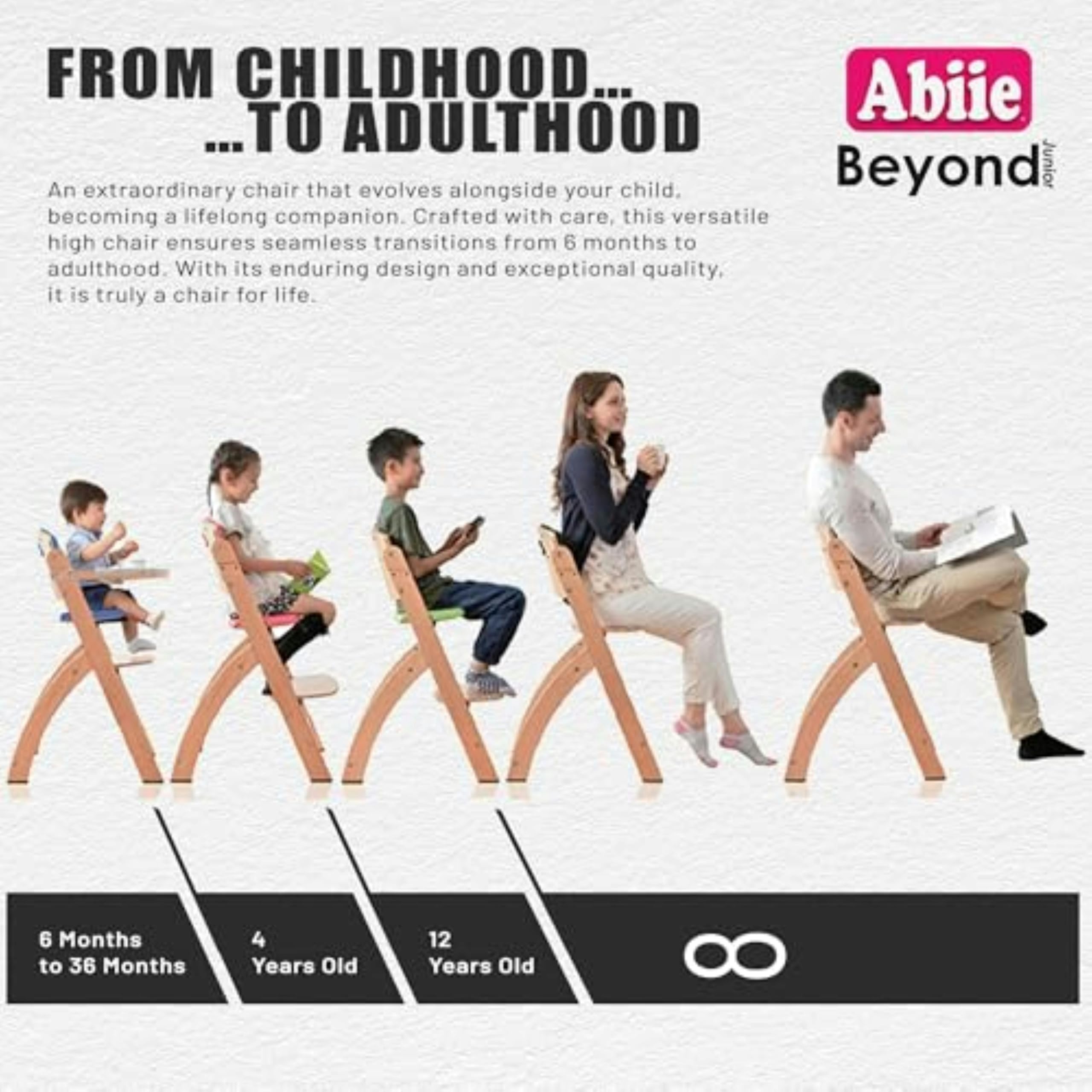 Abiie Beyond Junior wood high chair with secure 5-point harness for safe mealtimes.