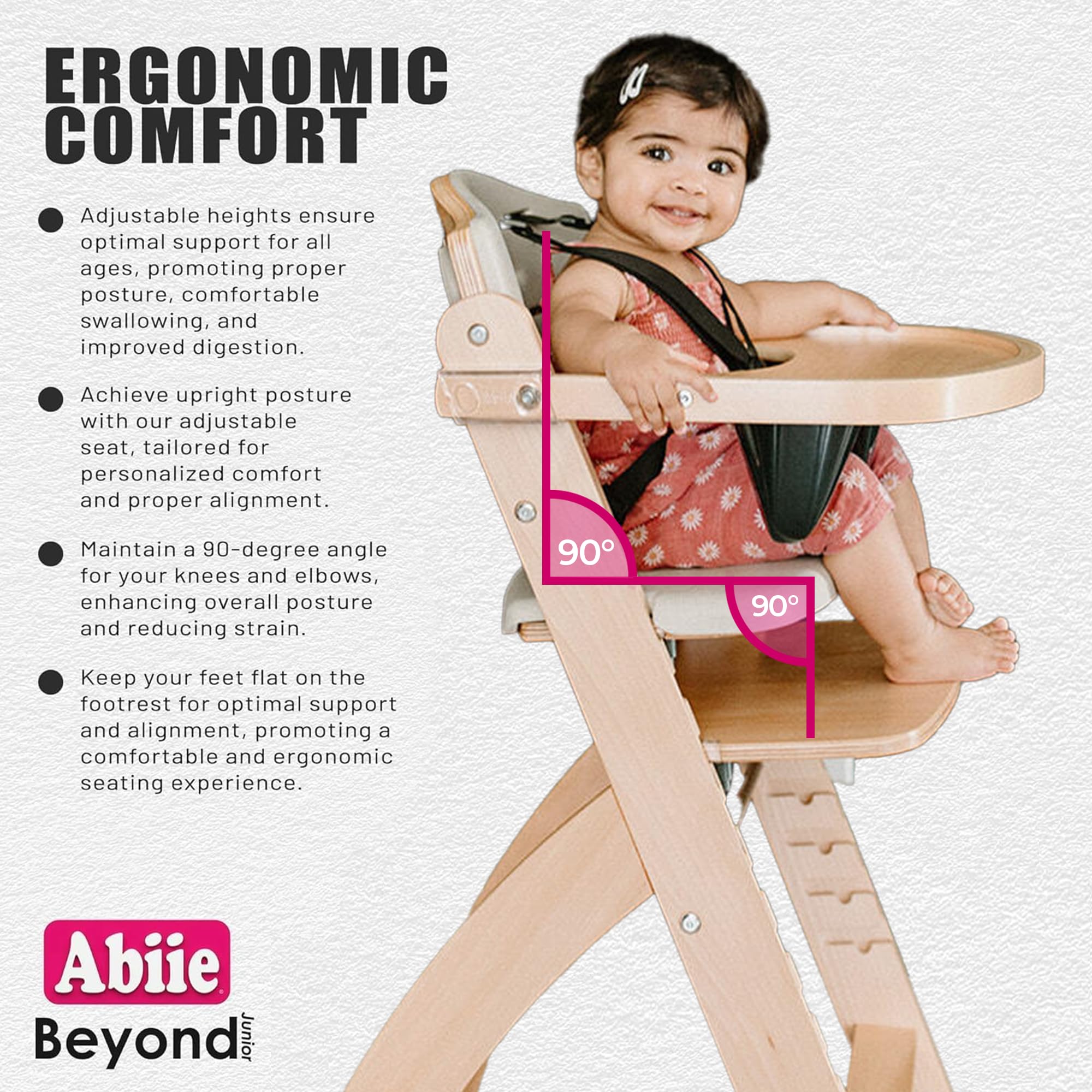 Abiie Beyond Junior wood high chair converts to traditional dining chair for versatility.