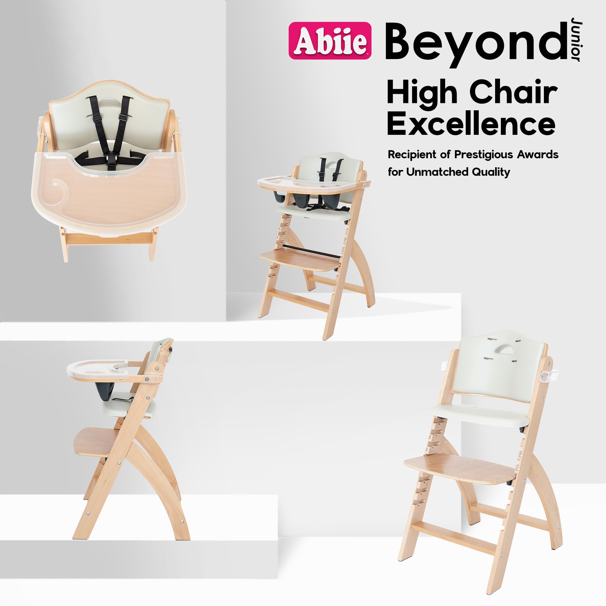 Abiie Beyond Junior wood high chair waterproof cushion resists spills.
