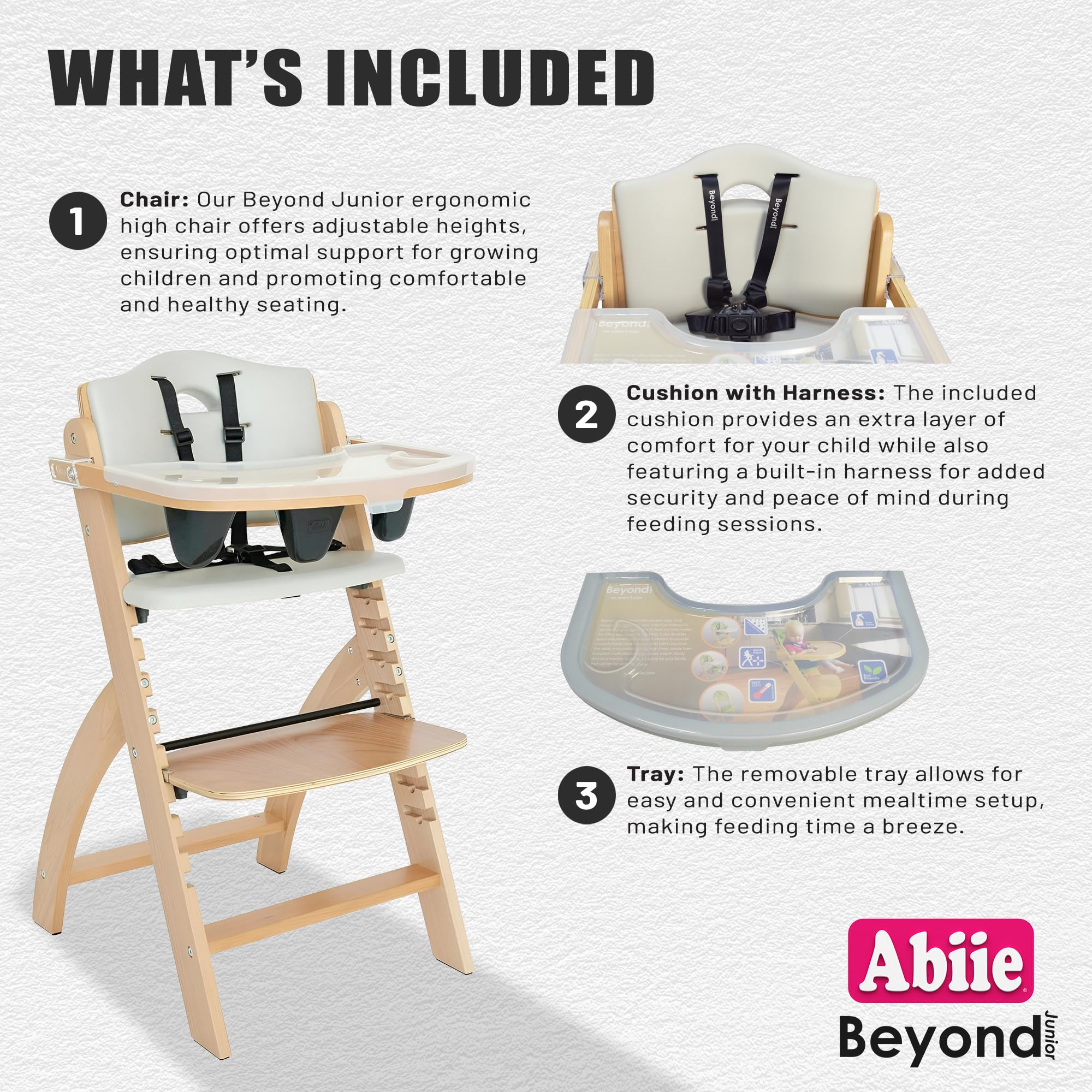 Abiie Beyond Junior wood high chair waterproof cushion cleans with quick wipe.