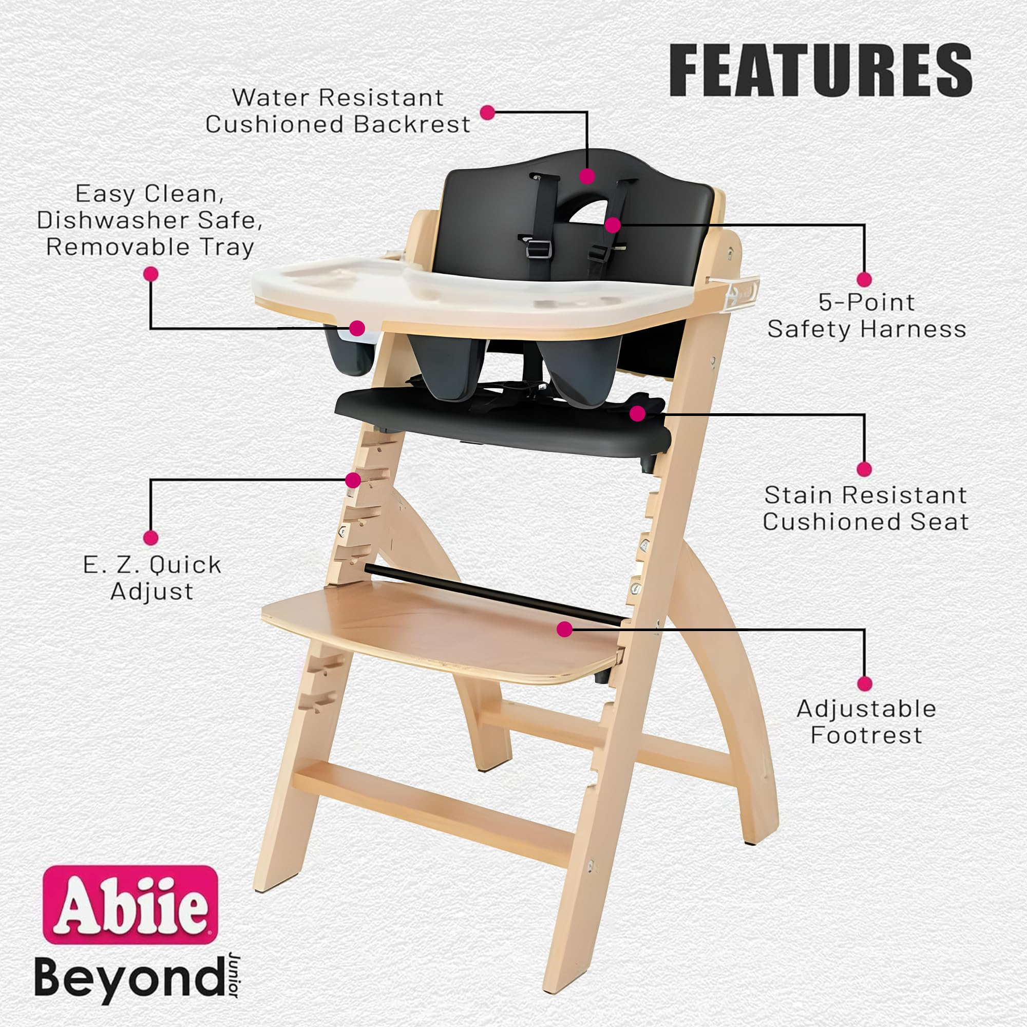 Abiie Beyond Junior wooden chair converts from high chair to dining chair for versatile use.
