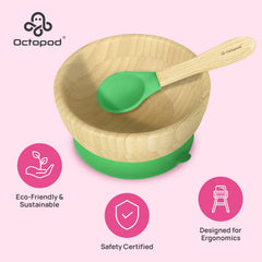 Abiie Octopod bamboo bowl fits most highchair trays for easy setup.