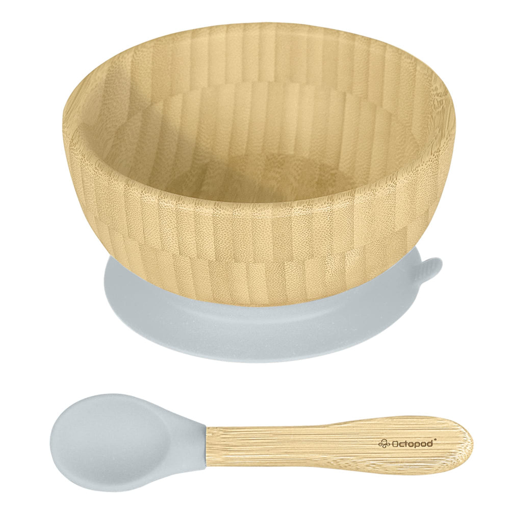 Abiie Octopod bamboo bowl with suction on tray for mess-free meals.