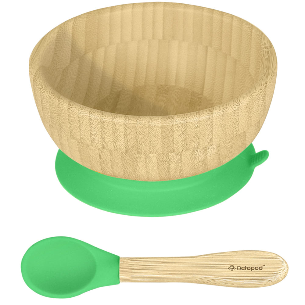 Abiie Octopod bamboo bowl with strong suction for mess-free feeding.