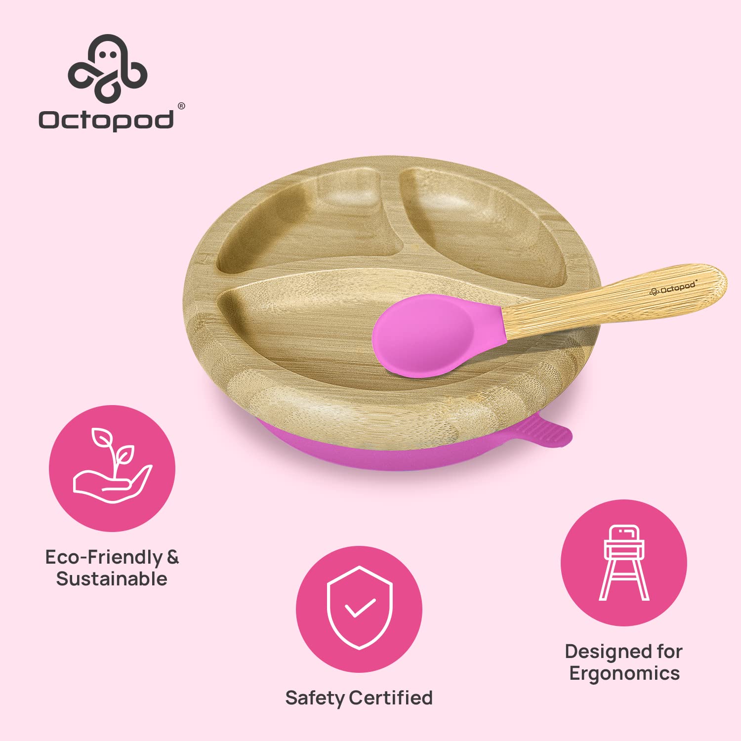 Abiie Octopod bamboo dish three compartments for portioned baby meals.