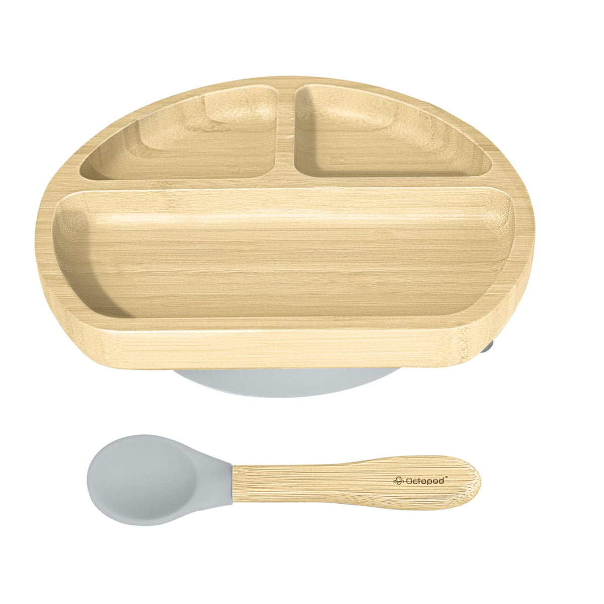 Abiie Octopod bamboo dish with three compartments on a high chair tray for balanced meals