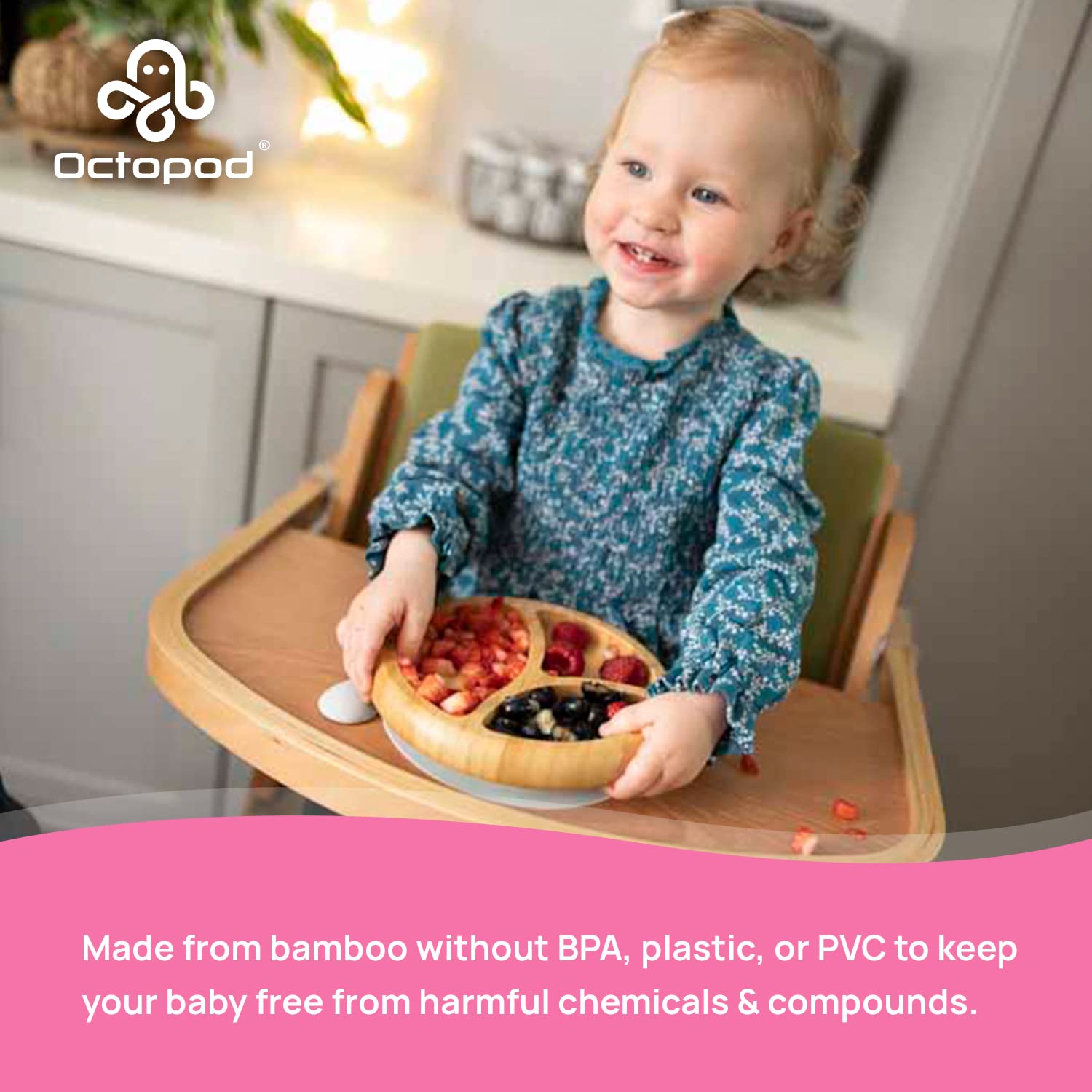 Abiie Octopod bamboo dish made from natural bamboo, BPA-free and PVC-free.