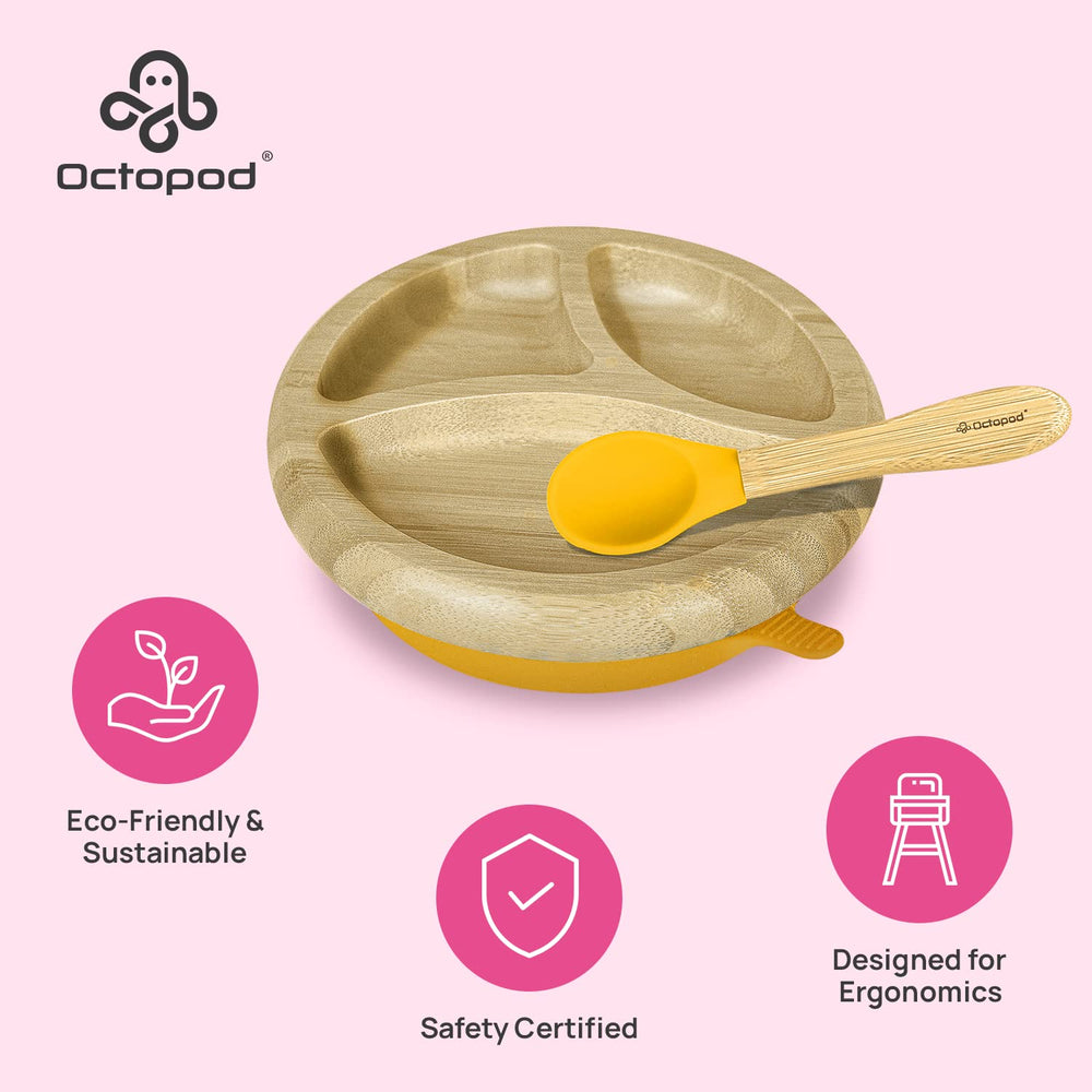 Abiie Octopod bamboo dish round shape fits most high chair trays.