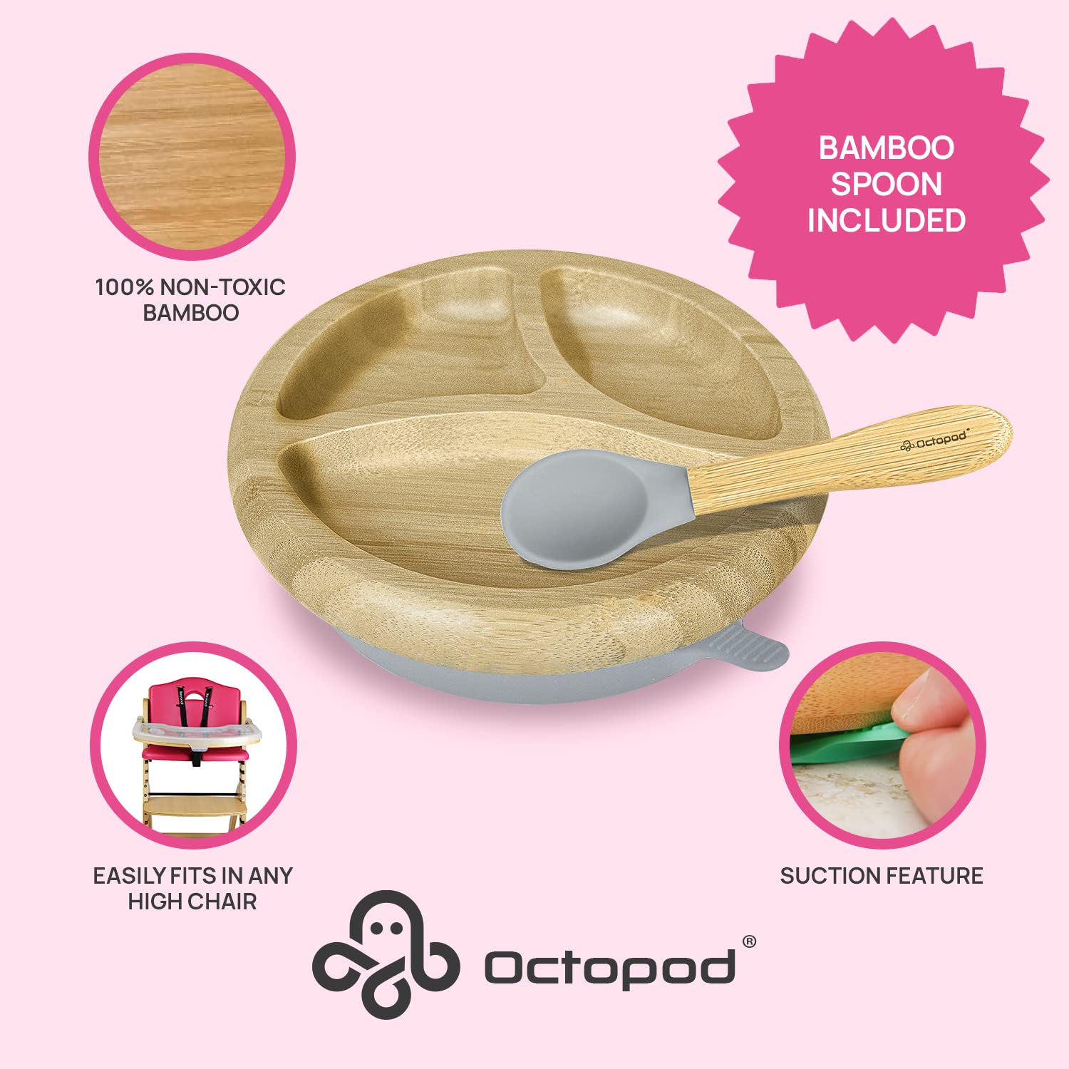 Abiie Octopod plate demonstrates suction on a tray for secure feeding