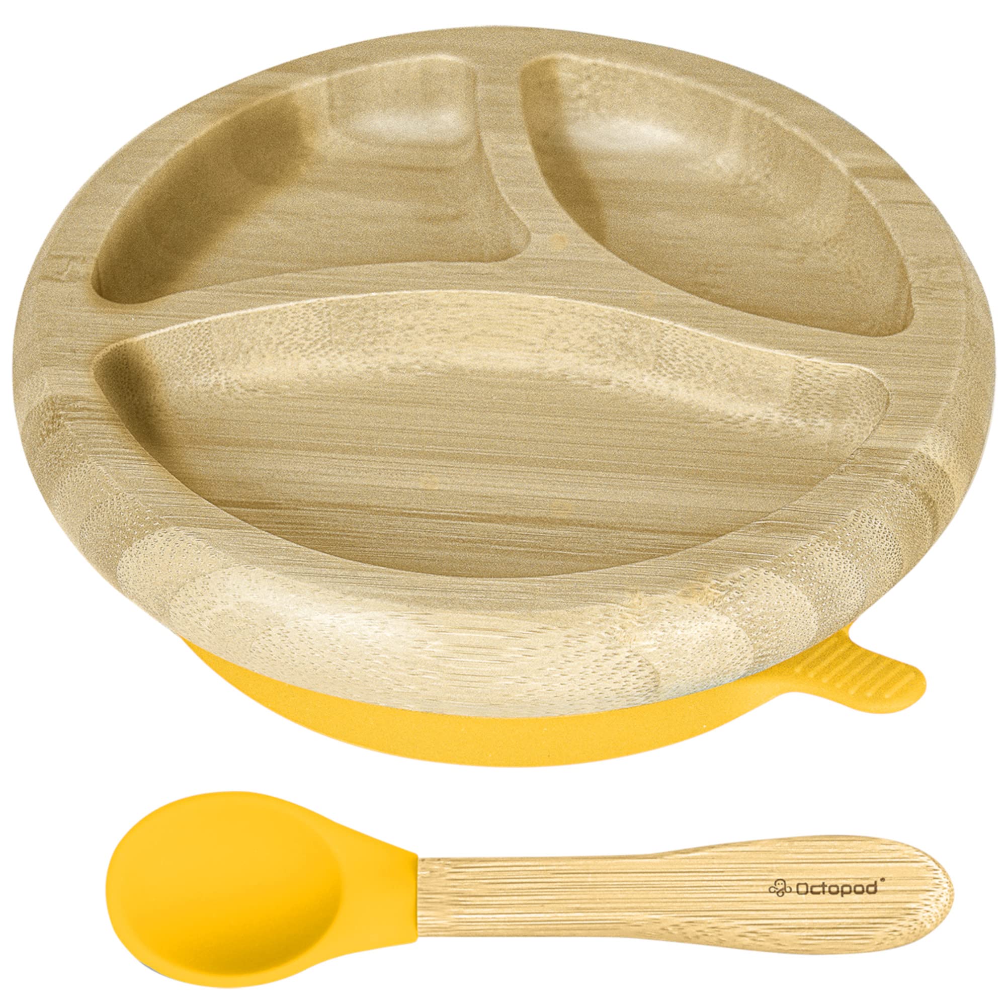 Abiie Octopod bamboo dish suction plate grips surfaces for mess-free feeding.