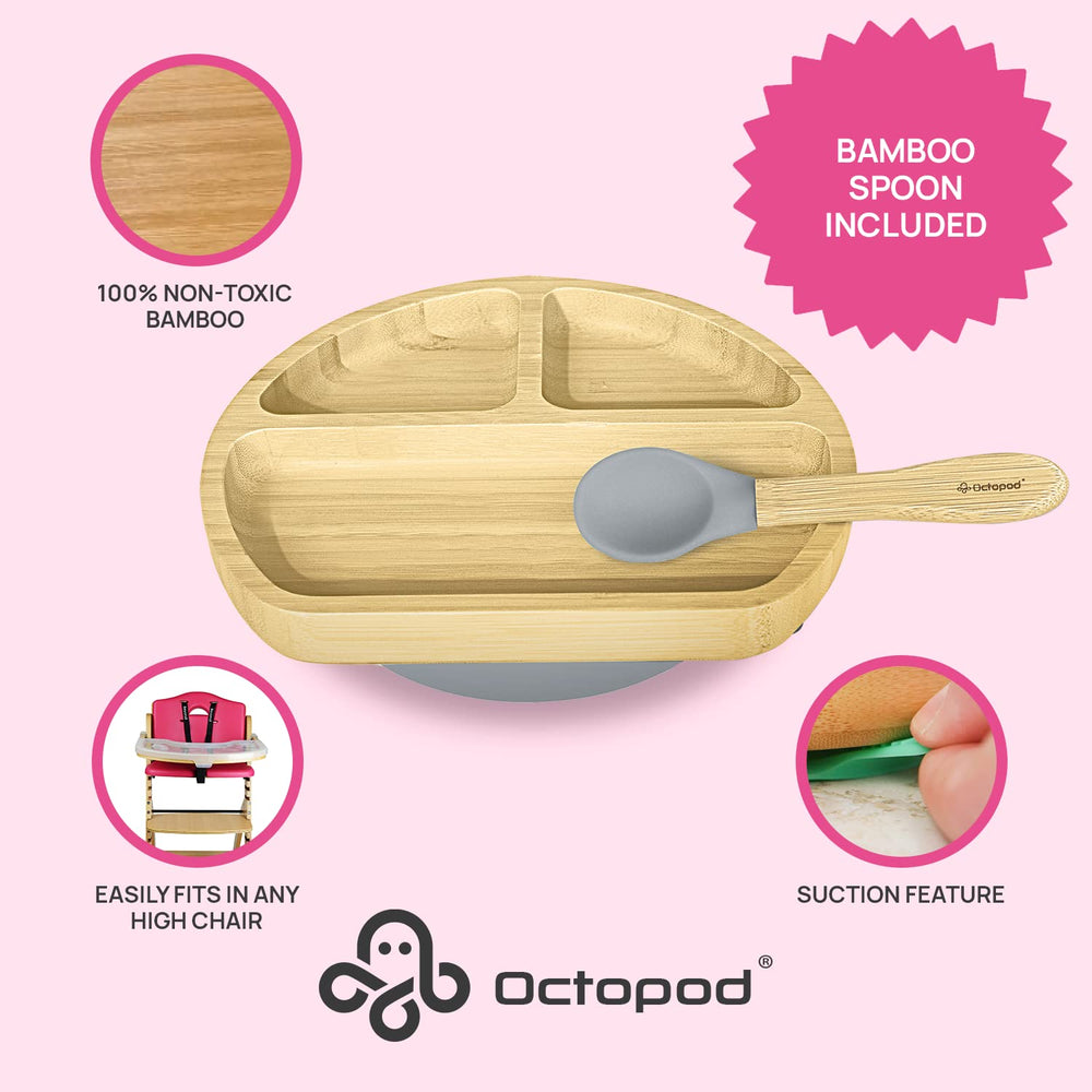 Abiie Octopod suction plate securely attached to surface to reduce messes during feeding