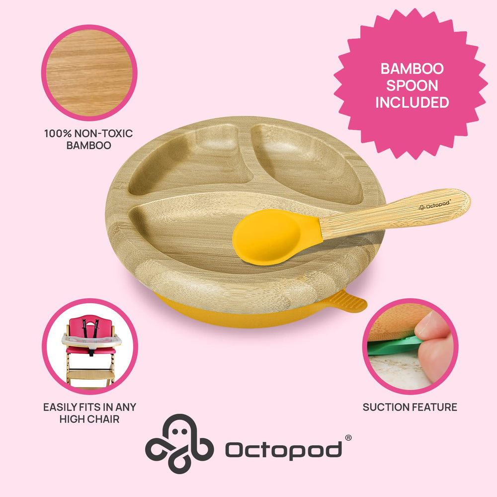 Abiie Octopod bamboo dish shows three compartments for portioned meals.