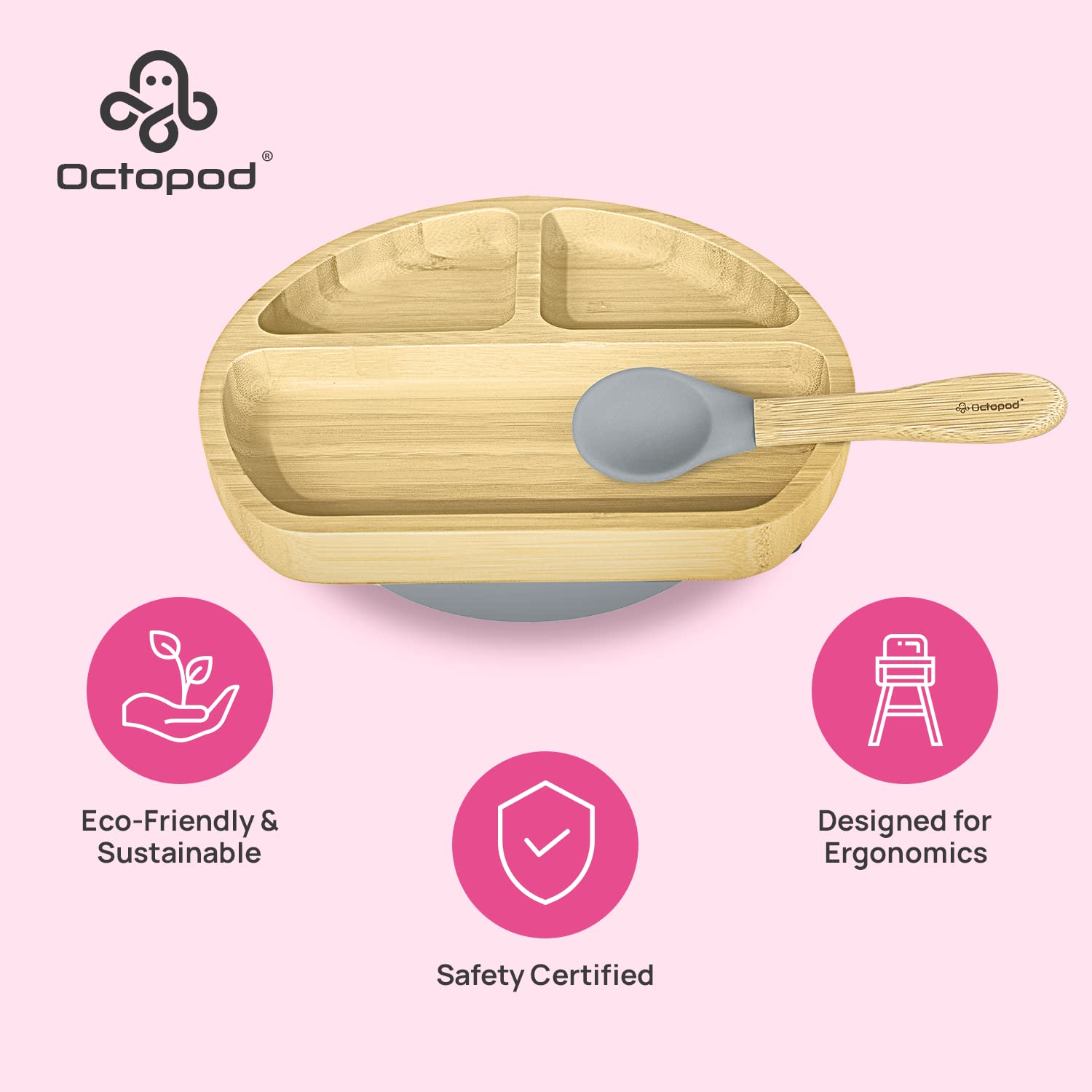 Abiie Octopod bamboo dish triangle shape guides self-feeding and food exploration