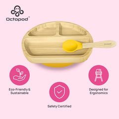 Abiie Octopod bamboo plate demonstrating fit on high chair trays