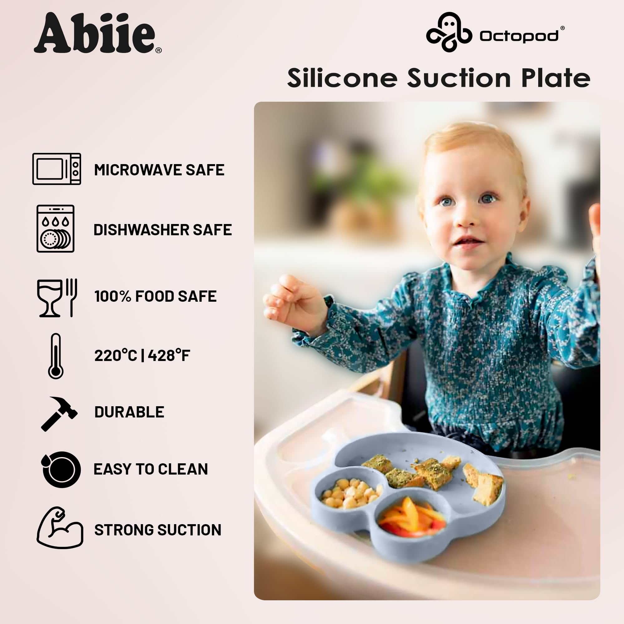 Abiie Octopod Frog pink lavender color adds cheerful contrast at mealtime.