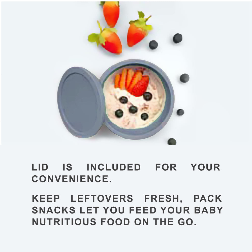 Abiie Octopod silicone bowl gray with lid is dishwasher-safe for easy cleanup