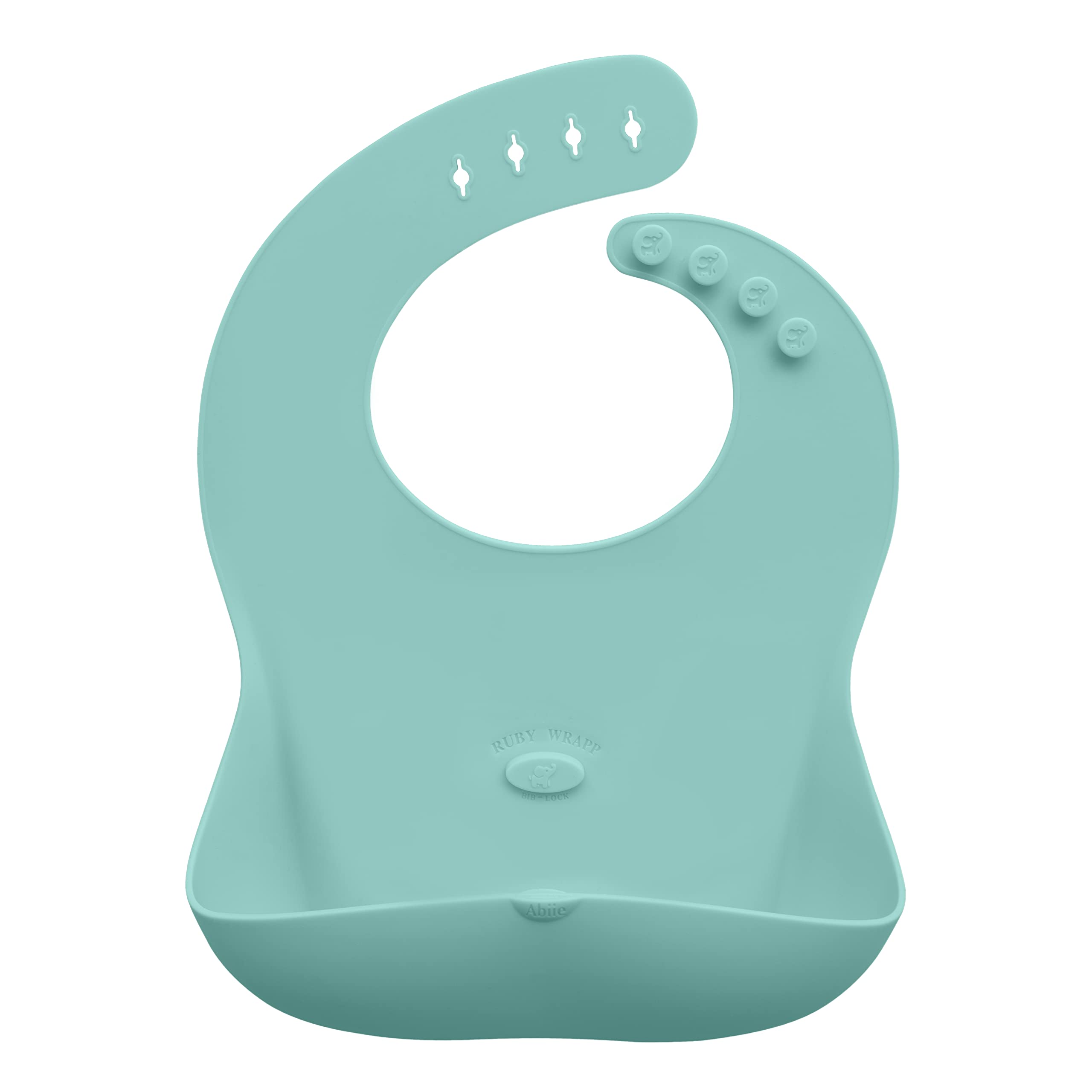 Abiie Ruby Wrapp bib in baby blue with front pocket for catching mess during meals