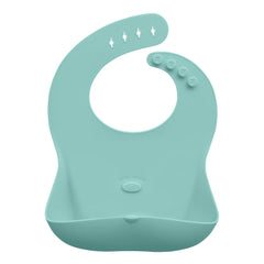 Abiie Ruby Wrapp bib in baby blue with front pocket for catching mess during meals