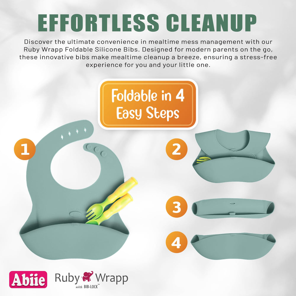 Abiie Ruby Wrapp bib's patented Bib-Lock for neat storage.