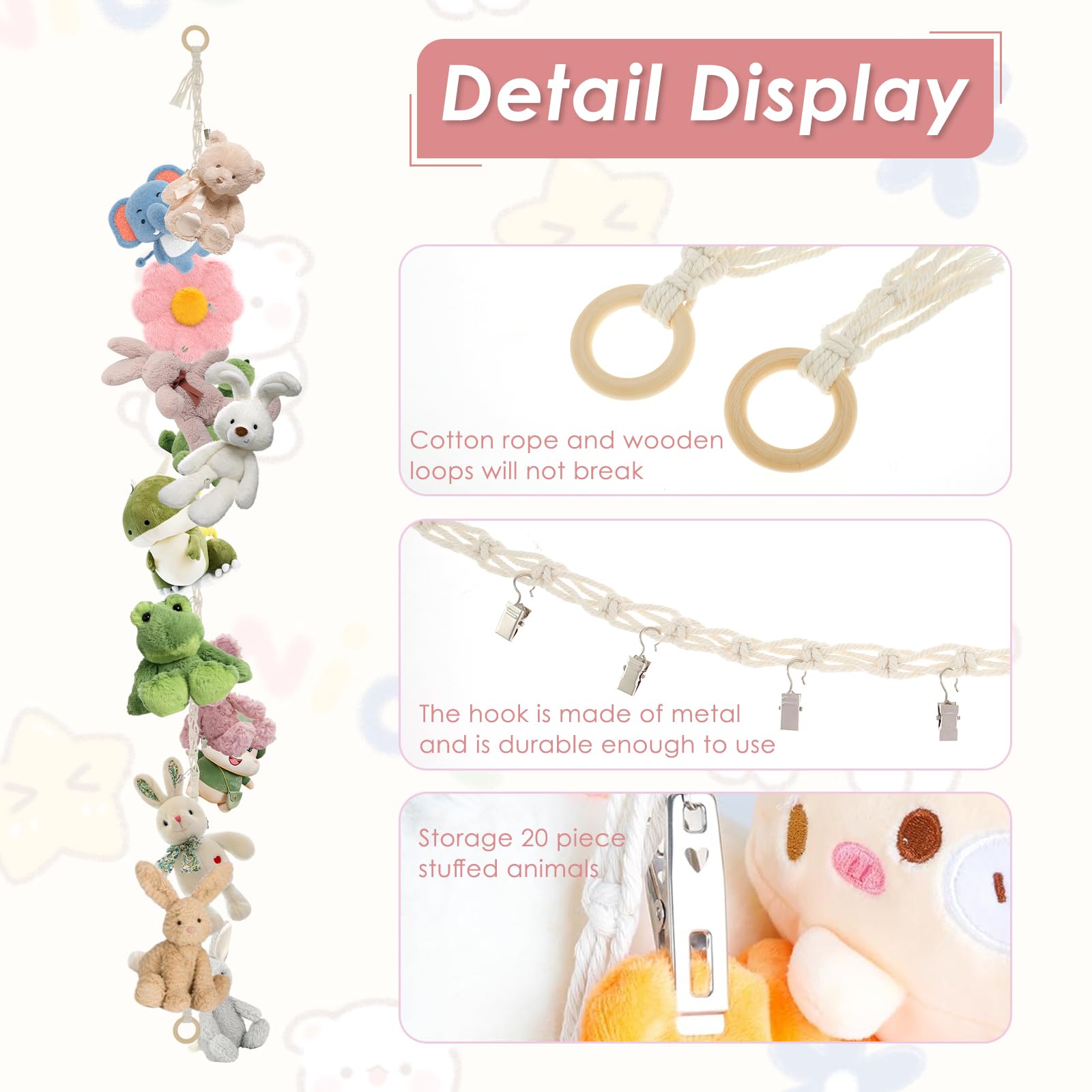 Abizarch stuffed animals storage chain hanging highlights visible organization for plush toys.