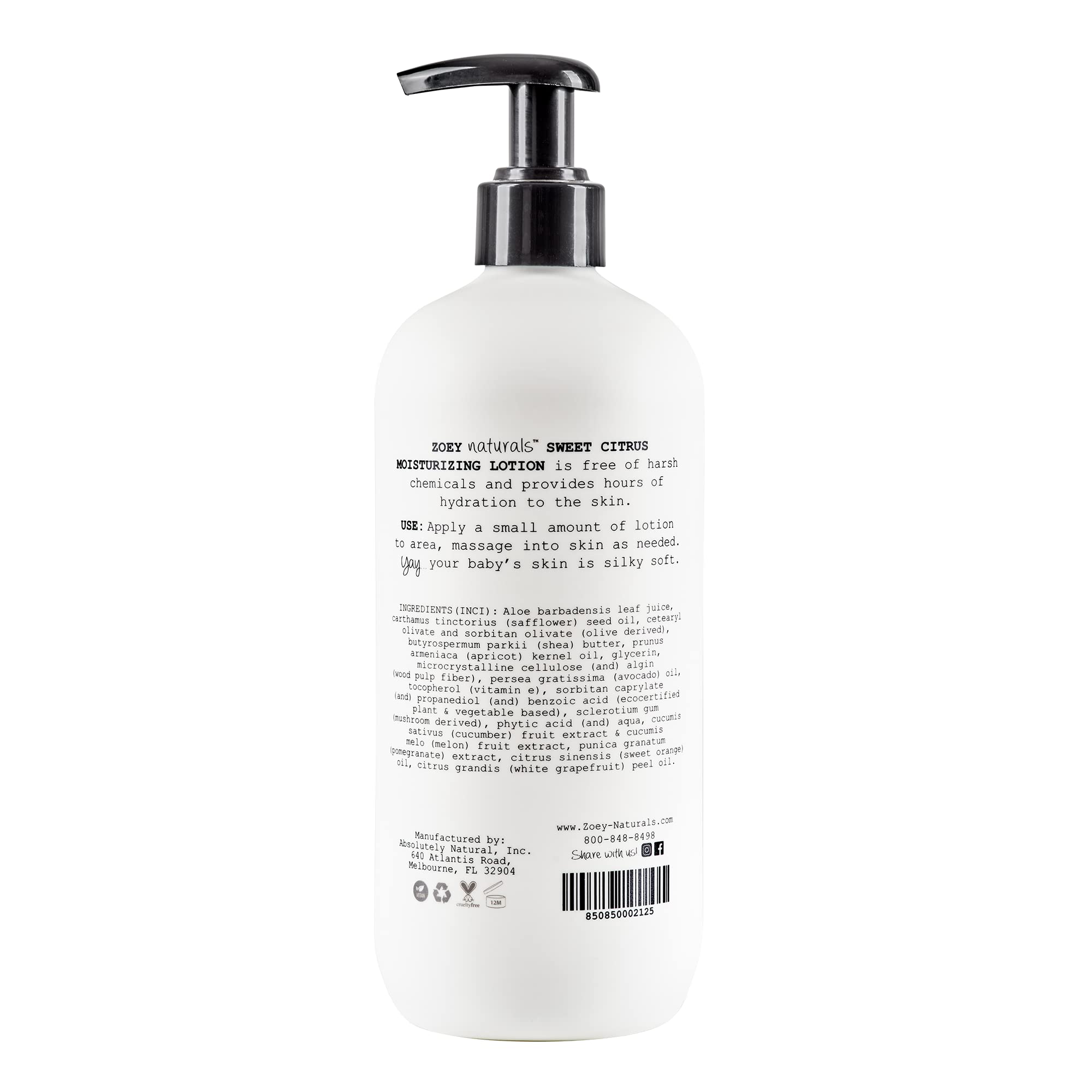 Absolutely Natural Zoey Naturals Sweet Citrus lotion bottle showcases USA-made skincare