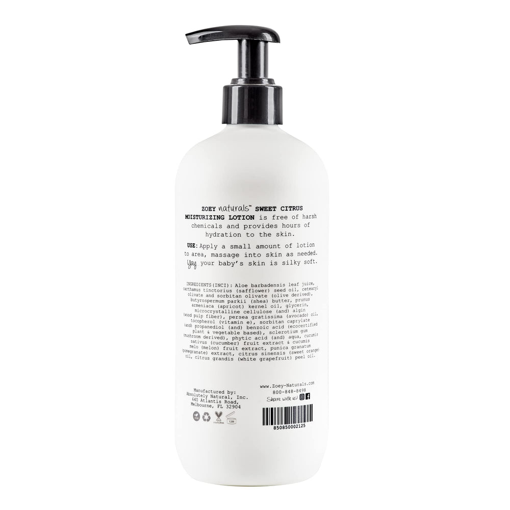 Absolutely Natural Zoey Naturals Sweet Citrus lotion bottle showcases USA-made skincare