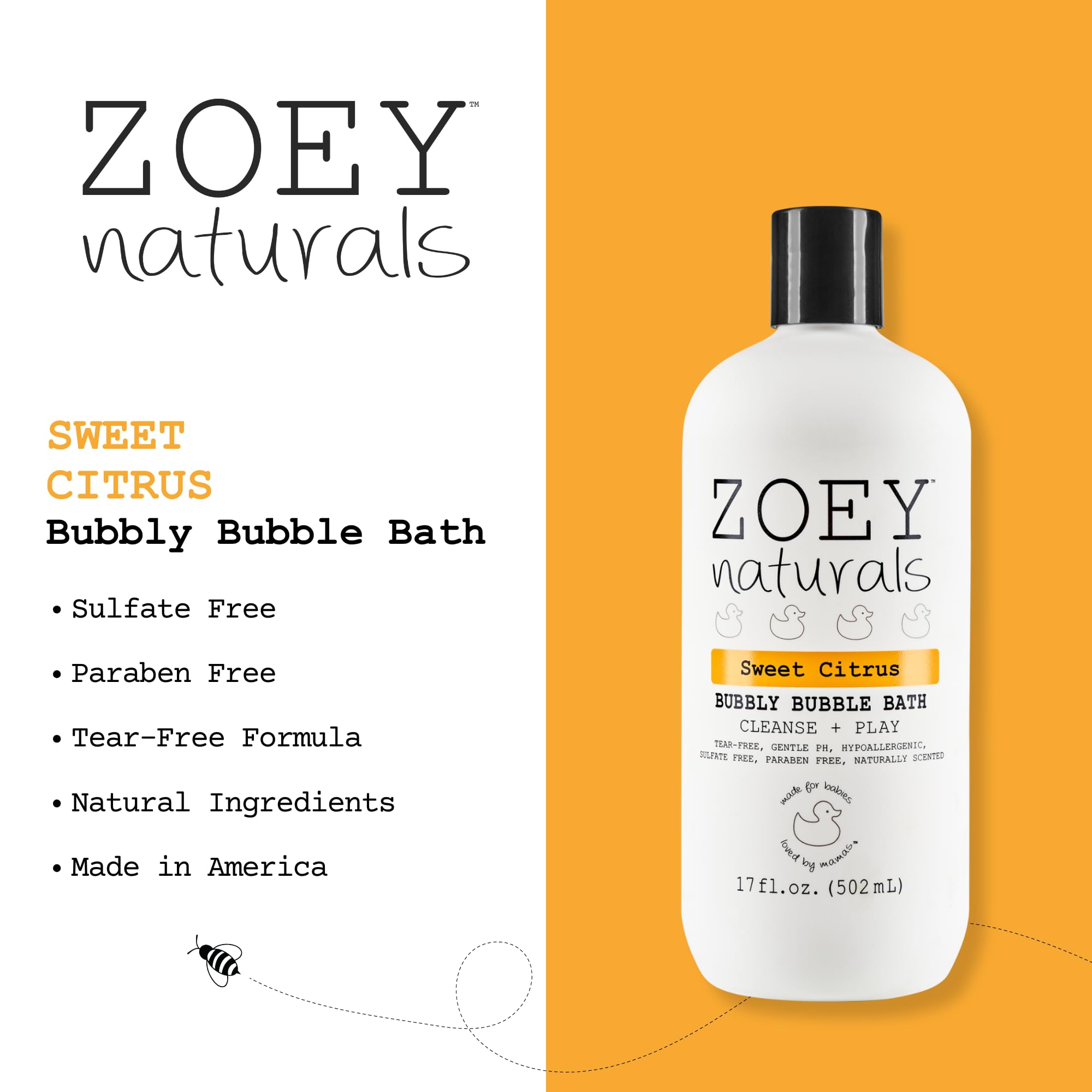 Zoey Naturals bottle label communicates tear-free, non-toxic care for little bath-time users.