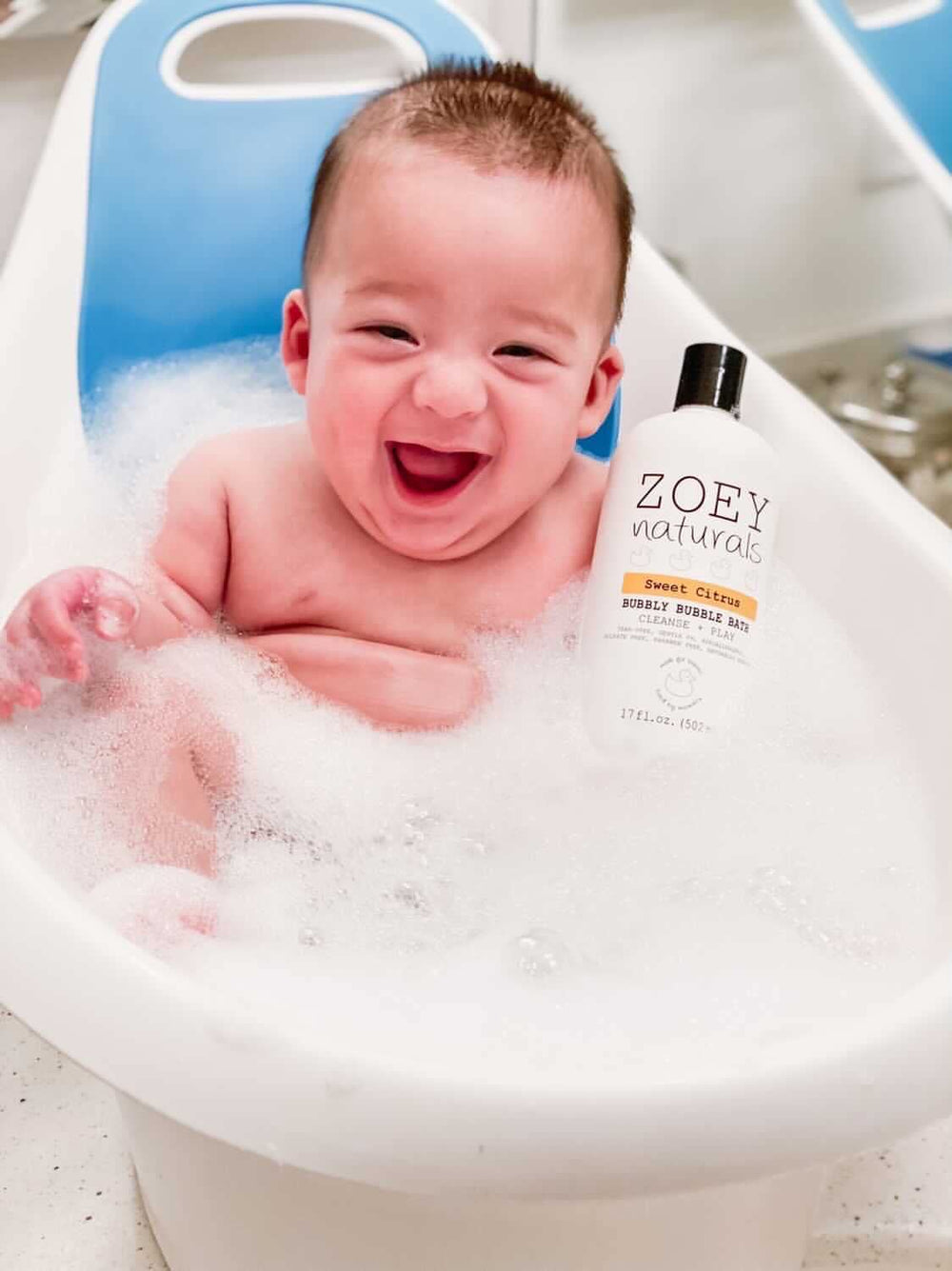 Zoey Naturals bubbles close-up show long-lasting foam for bathtime play.