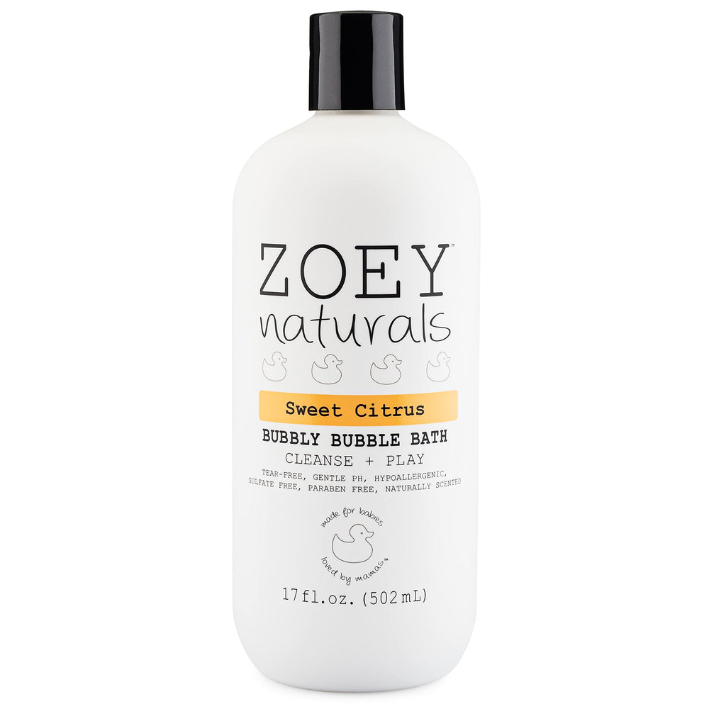 Absolutely Natural Zoey Naturals packaging emphasizes gentle, tear-free bubble bath for babies and kids.