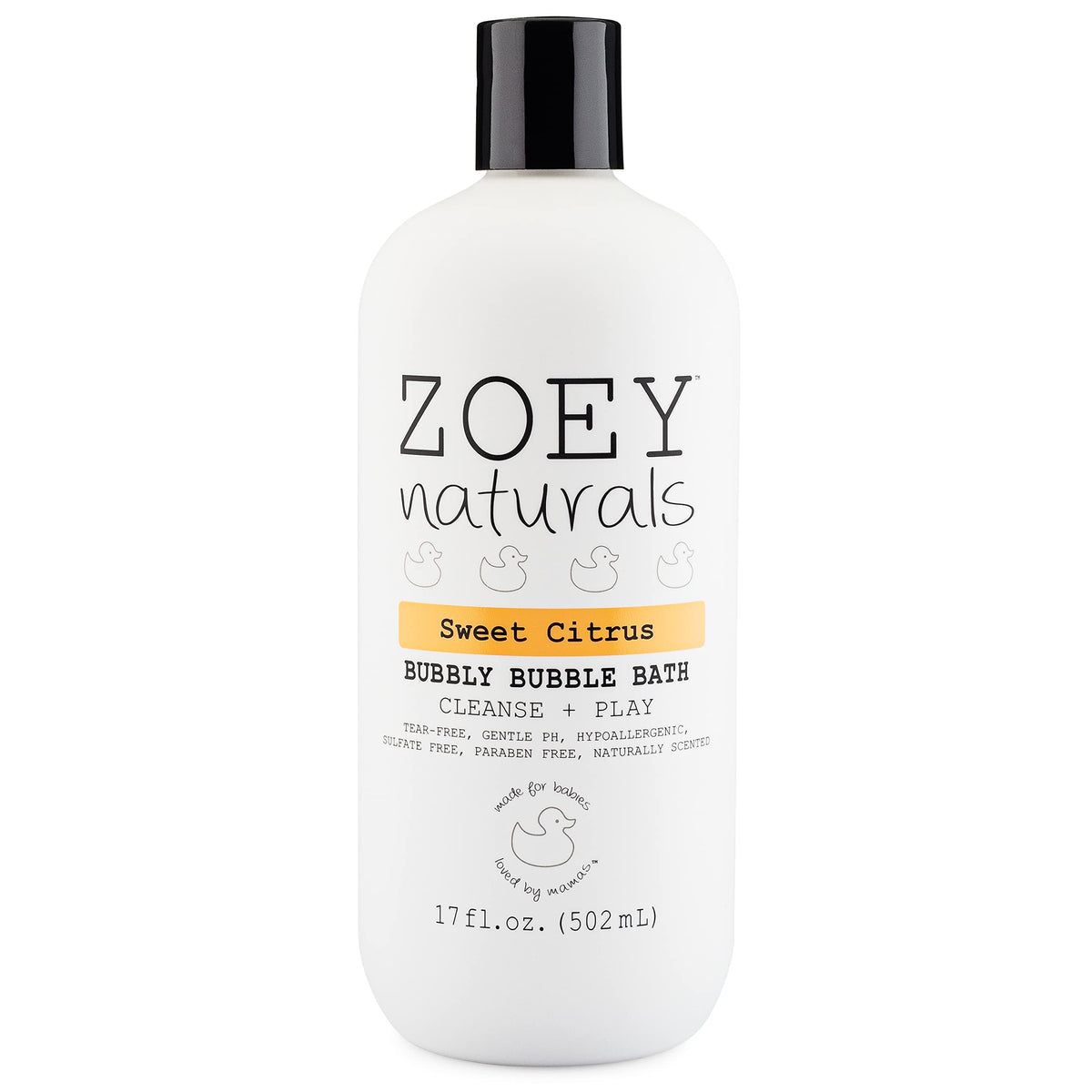 Absolutely Natural Zoey Naturals packaging emphasizes gentle, tear-free bubble bath for babies and kids.