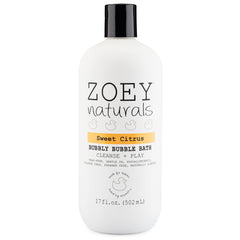 Absolutely Natural Zoey Naturals packaging emphasizes gentle, tear-free bubble bath for babies and kids.