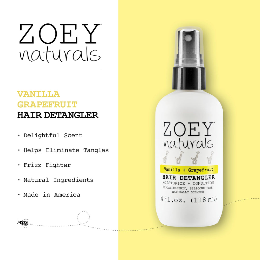 Zoey Naturals detangler spray being spritzed for tangle-free brushing