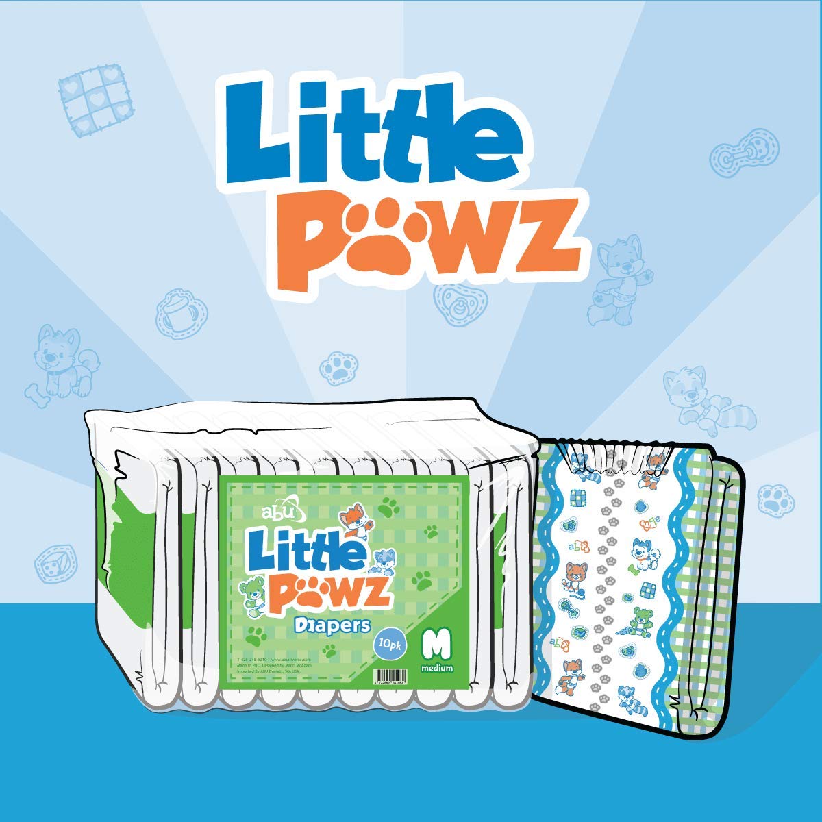 ABU Little Pawz diaper front view highlights plush padding and playful animal print.