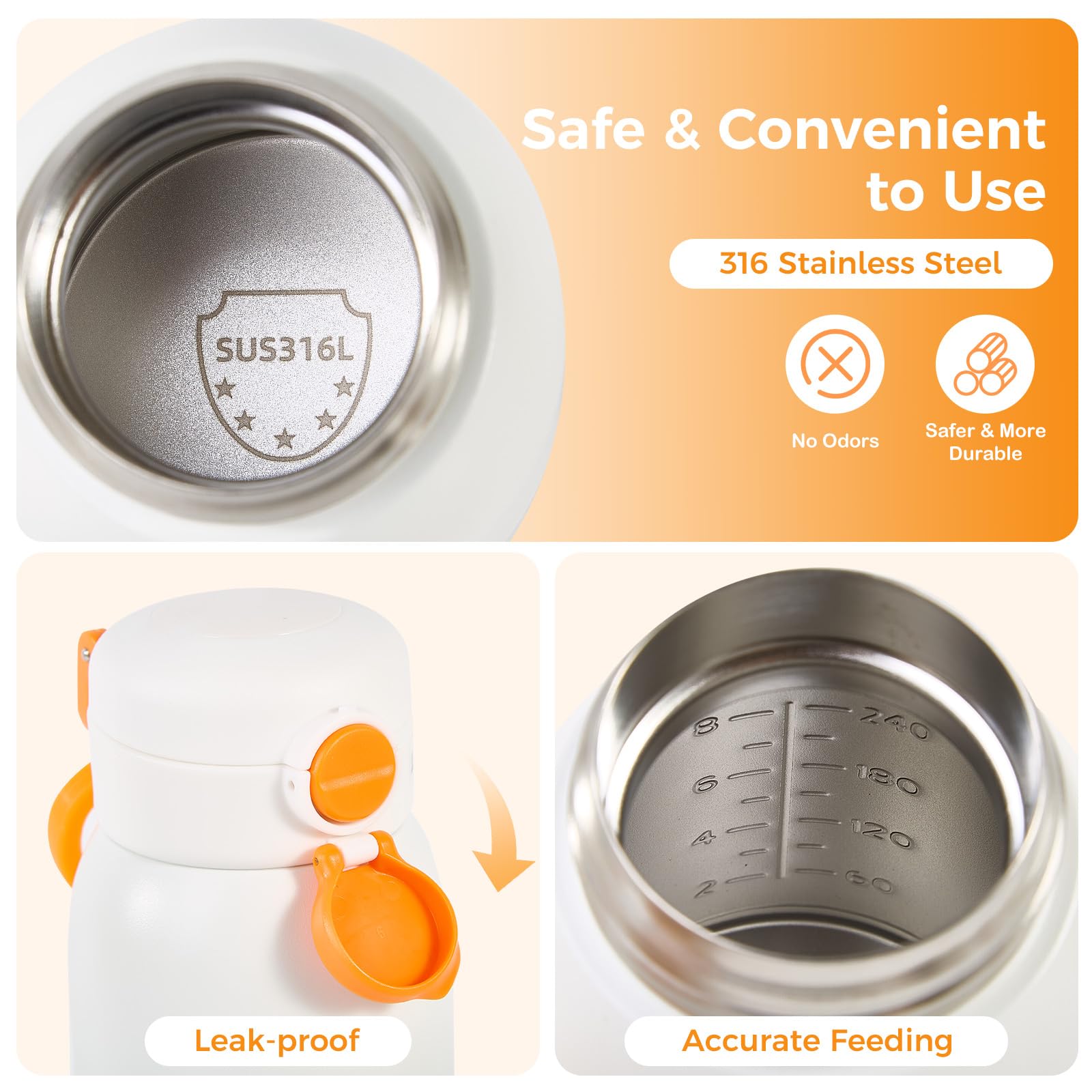 ACABEA sloped mouth design reduces spills and milk waste.