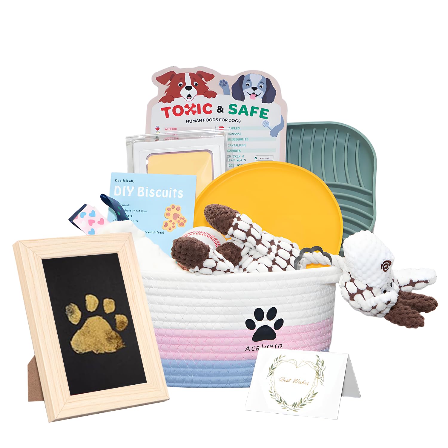 Acalgero Puppy Gift Basket box view shows a complete starter set for new puppies.
