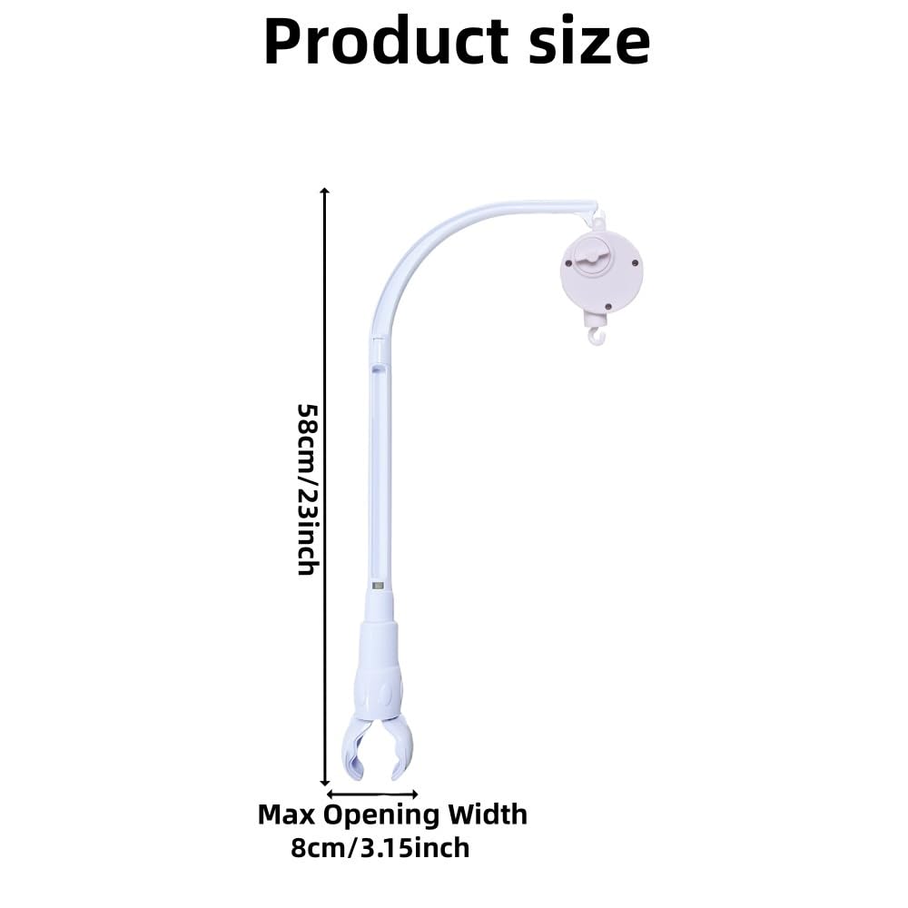 Accfore crib mobile arm shows adjustable claw width for secure grip