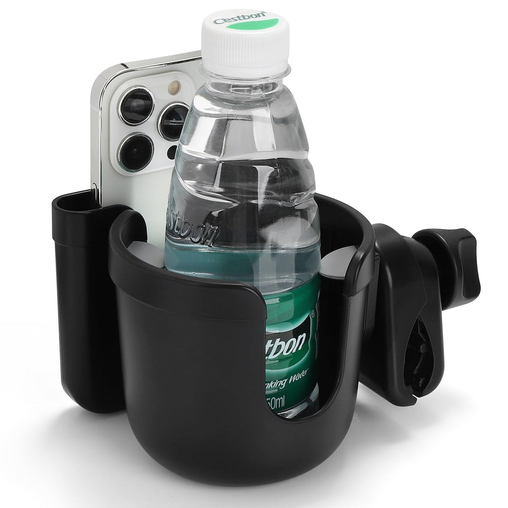 Accmor 2-in-1 cup holder with phone holder mounted on a handlebar for easy reach.