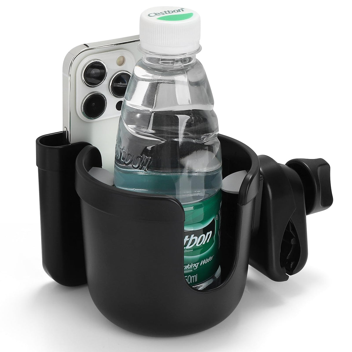 Accmor 2-in-1 cup holder with phone holder mounted on a handlebar for easy reach.