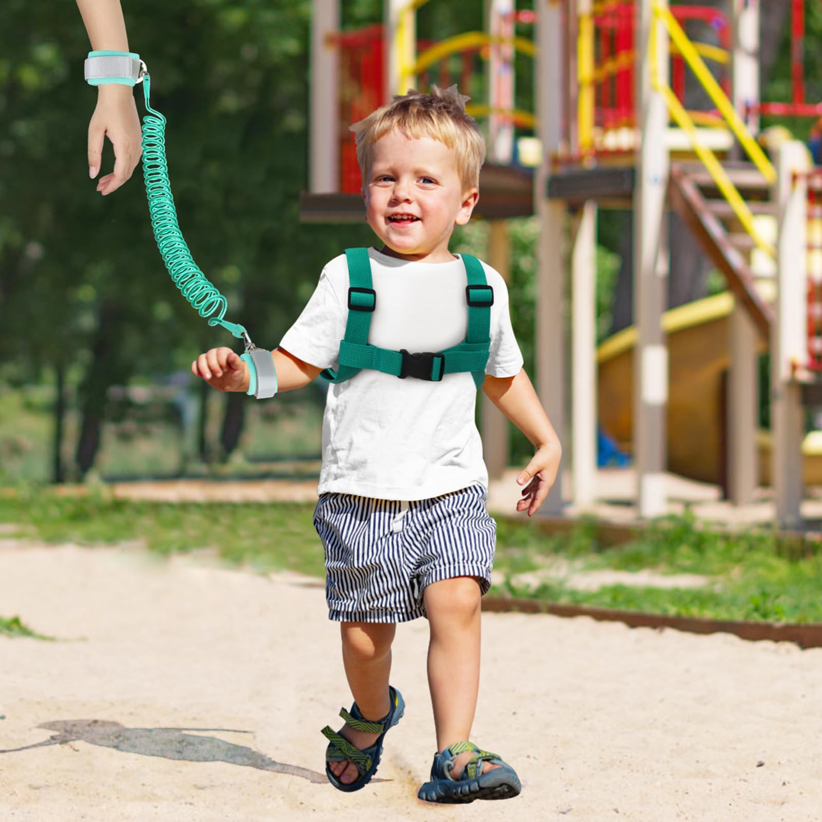 Accmor 3in1 use-options demonstration shows versatile parent-child walking setups in turquoise.
