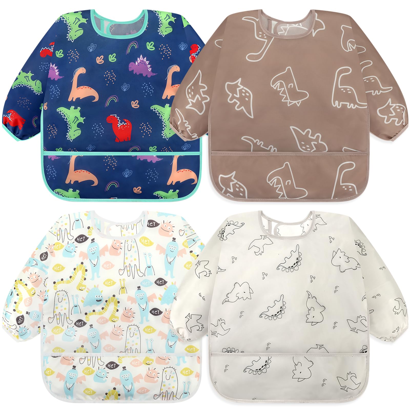 Accmor 4-pack long-sleeve bibs table display showing spill protection.