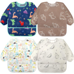 Accmor 4-pack long-sleeve bibs table display showing spill protection.