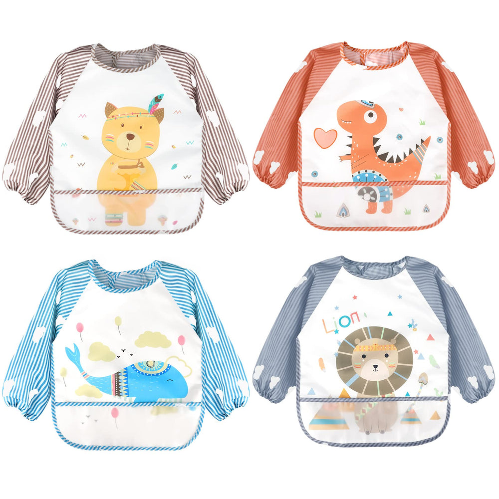 Accmor 4-pack long sleeve bibs worn by baby for mess-friendly meals.